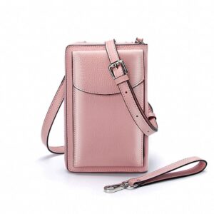 mini sac bandoulière tout-en-un portefeuille et porte smartphone rose en cuir véritable sur fond Vit