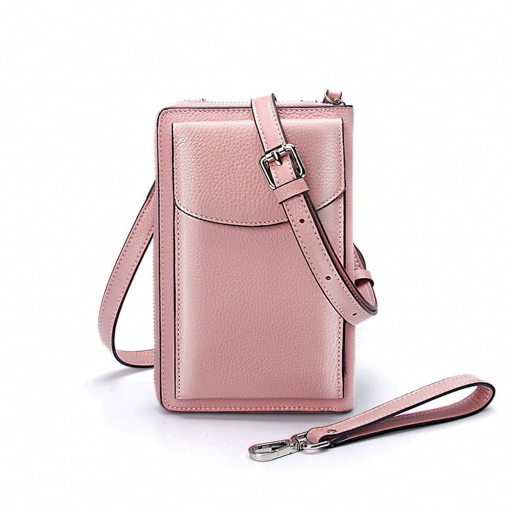 mini sac bandoulière tout-en-un portefeuille et porte smartphone rose en cuir véritable sur fond Vit