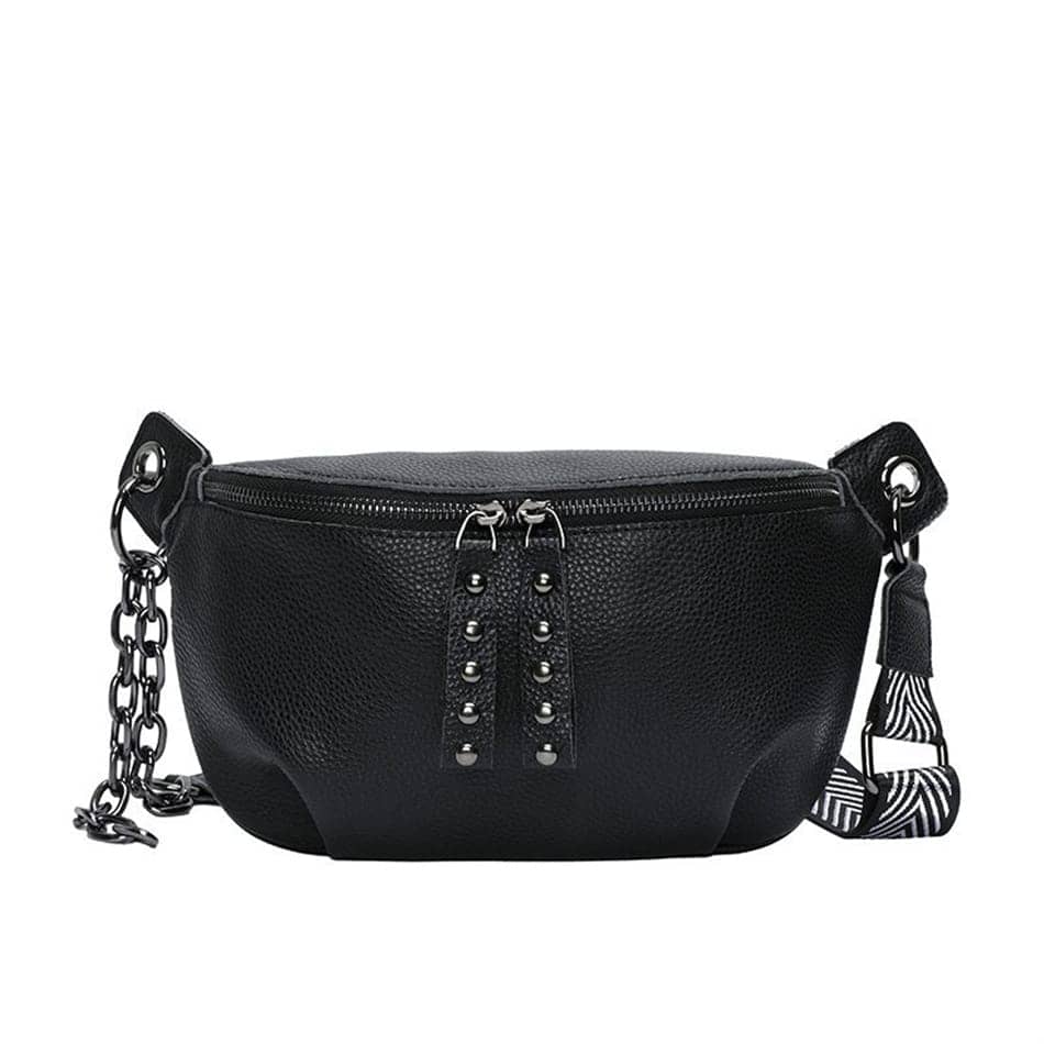 sac banane bandoulière Svart en cuir véritable avec chaine sur fond Vit