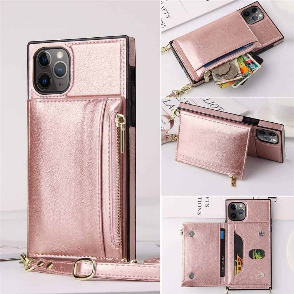 coque iPhone en simili cuir rose poudré irisé avec range cartes bouton pression, pochette fermeture éclair et bandoulière