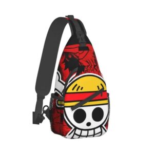 sac à dos bandoulière one piece avec tête de mort, chapeau de paille, fond Röd.