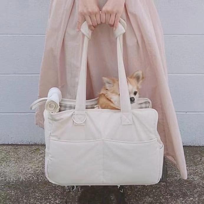 Beige axelremsväska med matta för liten hund