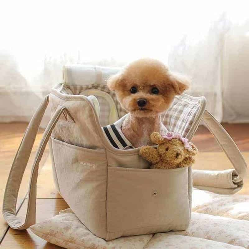 Beige axelremsväska med matta för liten hund