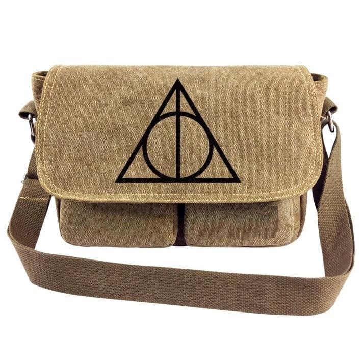 Photo d'un sac à bandoulière ne toile Brun avec le sigle des reliUES DE LA MORT DE HARRY POTTER