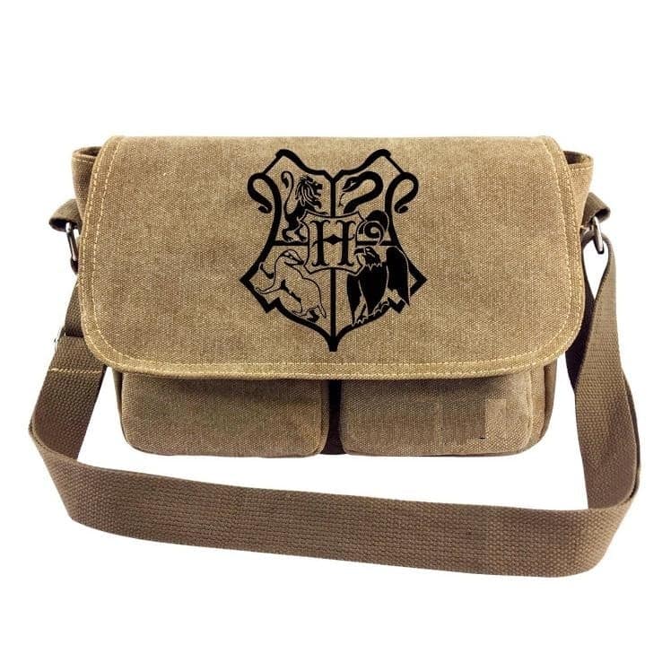 Photo d'un sac à bandoulière ne toile Brun avec le sigle des quatre maisons de HARRY POTTER