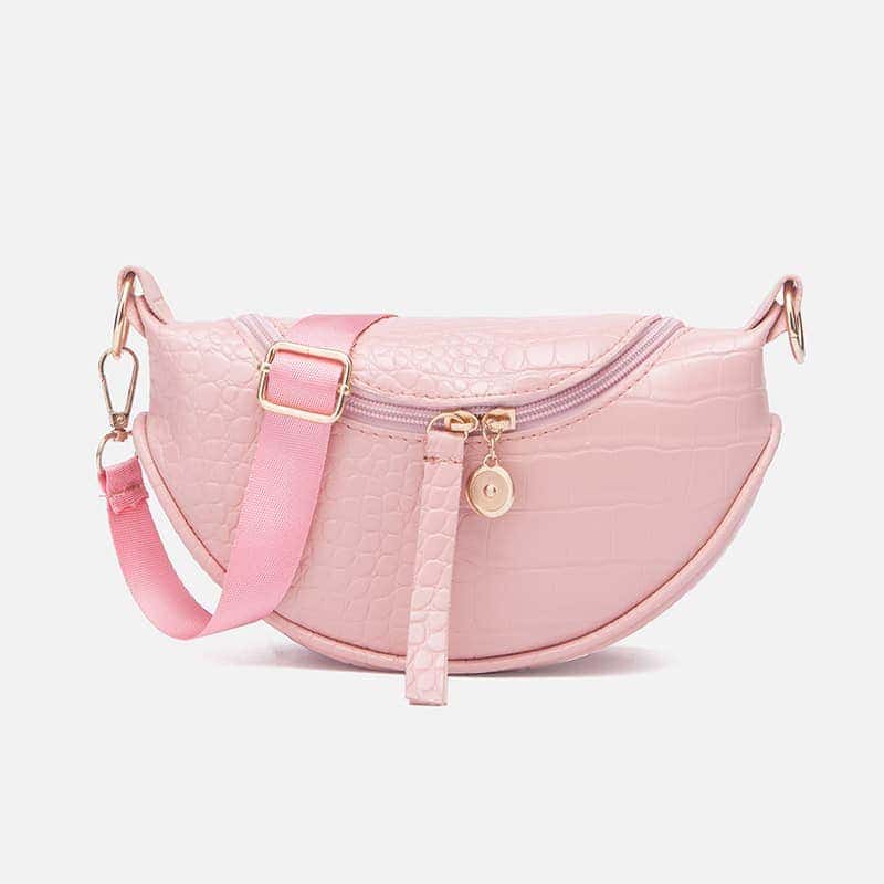 sac bandoulière banane rose effet croco