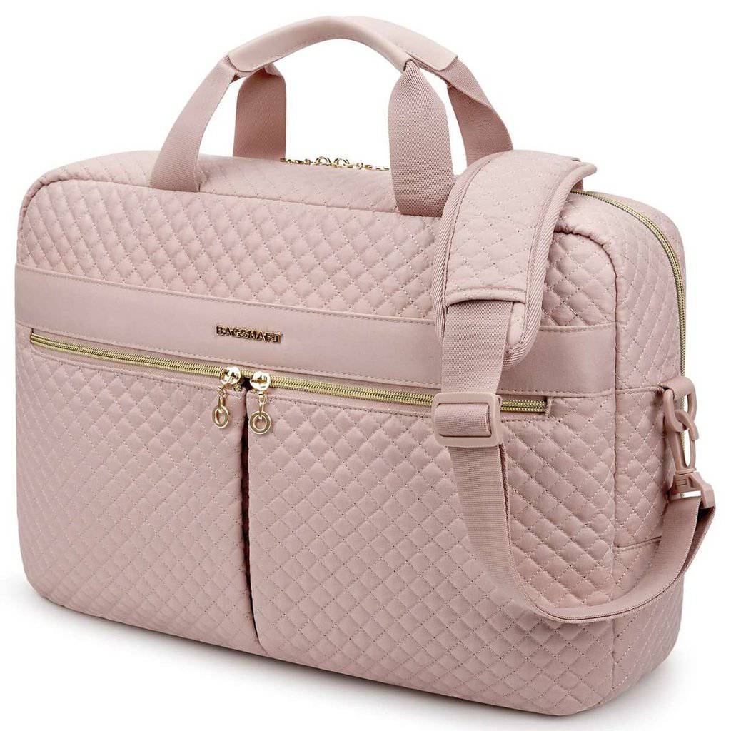 Sac rose à bandoulière pour ordinateur rose avec 2 poches à l'avant zips dorés sur fond Vit