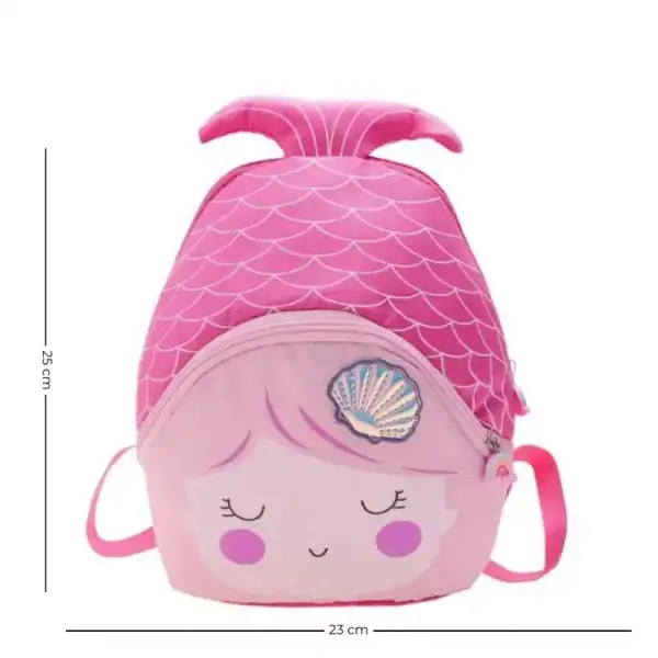 Barnryggsäck sjöjungfru, rosa mermaid-design med skaldjur och fiskskal, 25x23 cm.