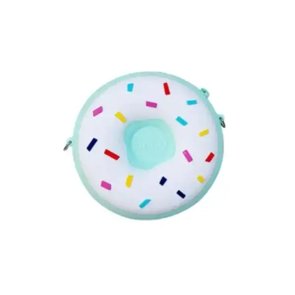 Axelväska barnväska i form av donut med färgglada garneringar.