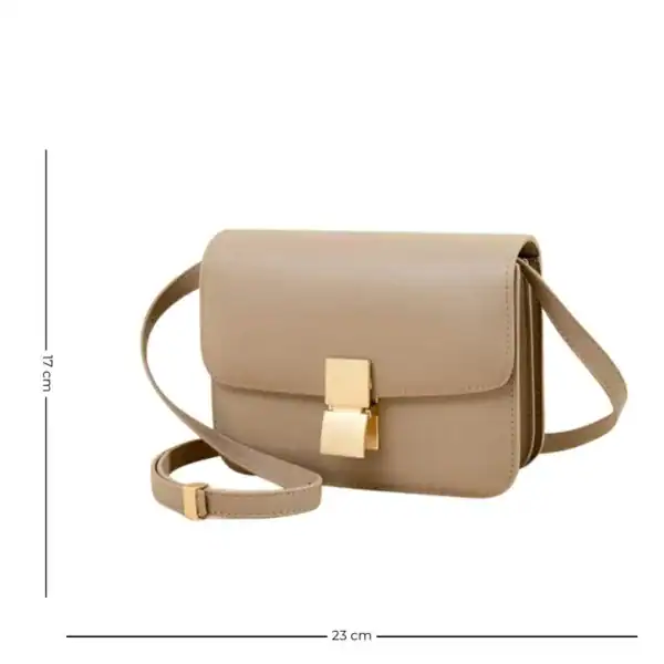 Beige axelremsväska med guldaktig snäppa, 17x23 cm, elegant axelväska för dam.