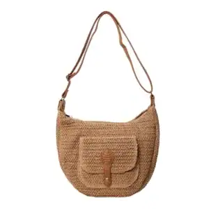 Beige halvmånsväska i rörsnitt, med läderrem och framsida ficka.