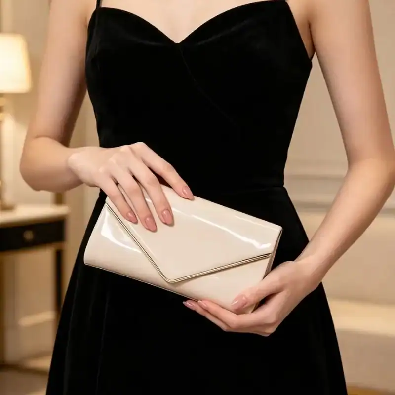 Beige kuvertclutch med kedja, elegant axelväska för kvällsklänning.