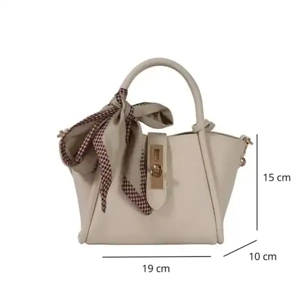 Beige axelväska med sidenscarf, 19 cm bred, elegant handväska för kvinnor.