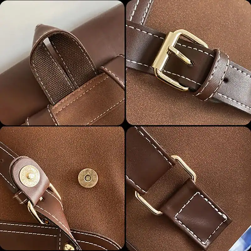 Brun beige ryggsäck med detaljerad närbild på remmar och snabbfästningar.