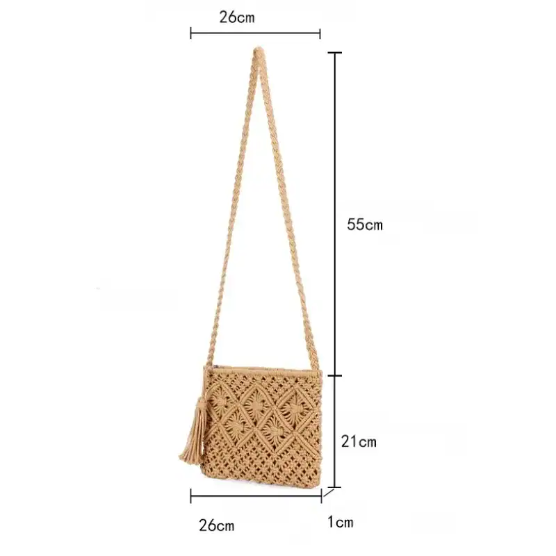 Brun makramé clutch med mått, passar till sommar och strand.