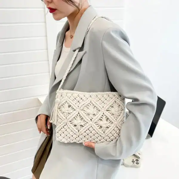 Brun makramé clutch med tassar, modeväska för kvinnor.