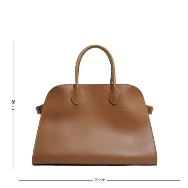 Brun stor shoppingväska, handtag, läder, 39 cm bred, 26 cm hög.