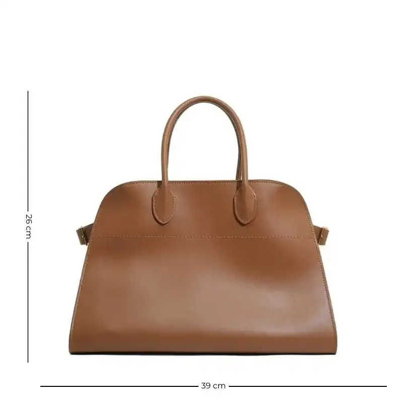 Brun stor shoppingväska, handtag, läder, 39 cm bred, 26 cm hög.