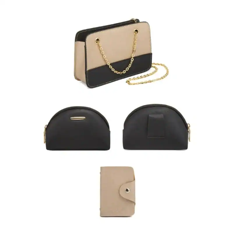 Brun svart ryggsäcksset med axelväska, handväska och plånbok.