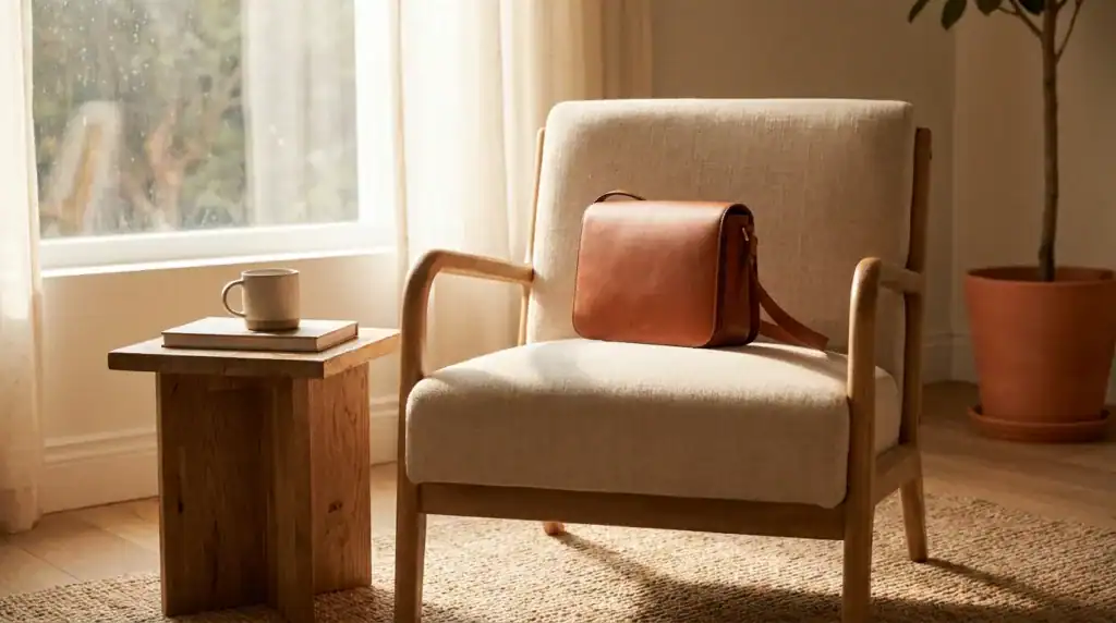 Brunnlig läderaxelväska på en beige fåtölj i ett varmt, inredningsstiligt rum.