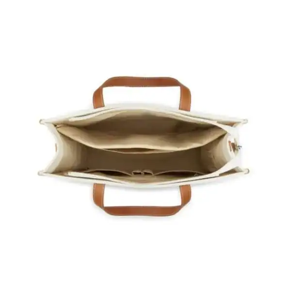 Datorväska med beige inre och bruna handtag, öppen vy från ovan.