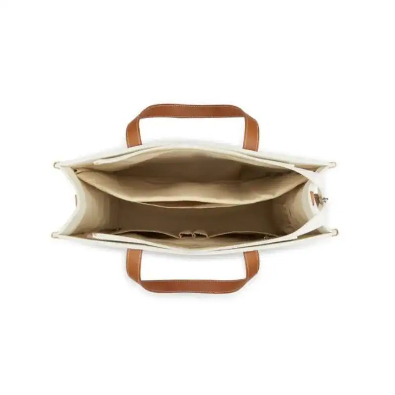 Datorväska med beige inre och bruna handtag, öppen vy från ovan.