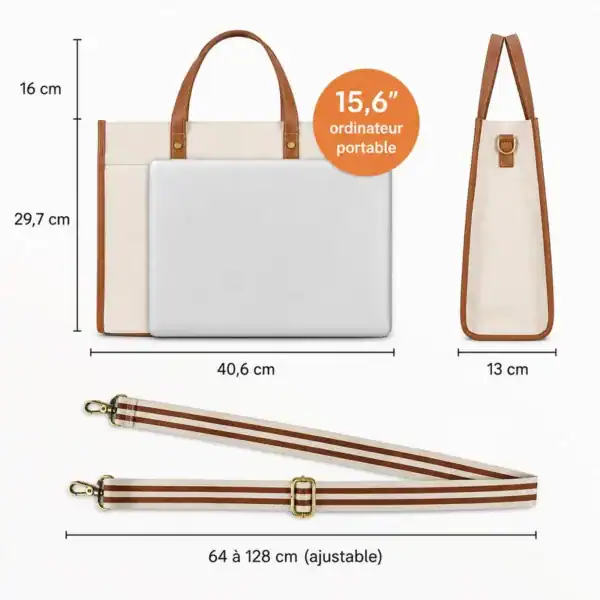Datorväska med mått, passar 15,6 tum bärbar dator, beige och brunt.