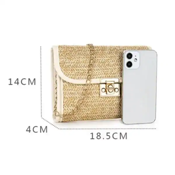 Flätad clutch med läderrem, storlek 18,5x14 cm, lämplig för mobil.