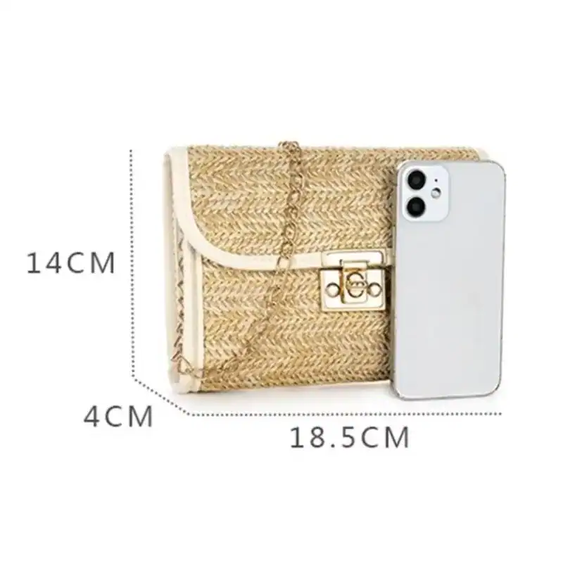 Flätad clutch med läderrem, storlek 18,5x14 cm, lämplig för mobil.