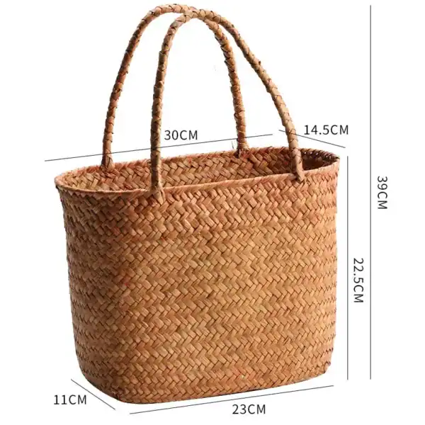 Flätad korgväska beige, storlek 39 cm hög, lämplig för strand och shopping.
