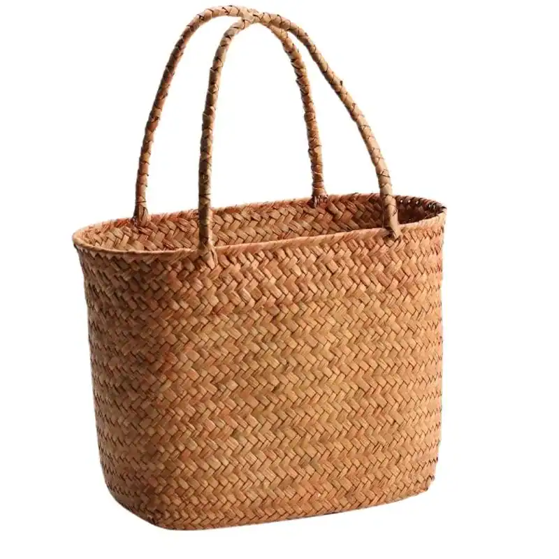 Flätad korgväska beige, handgjord väska med två handtag för strand och shopping.