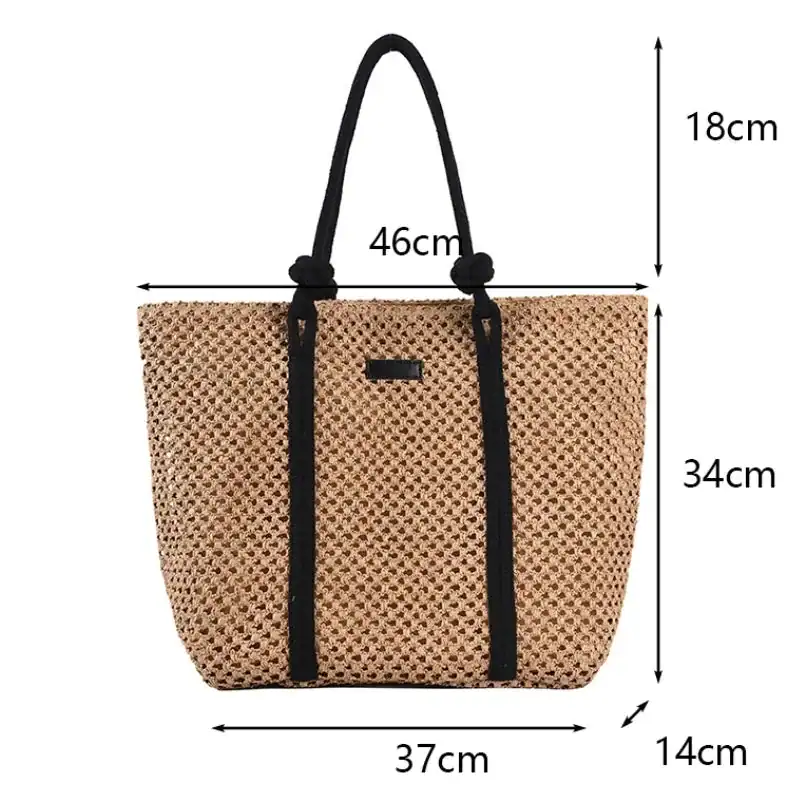 Flätad shoppingväska med rem, storlek 46x37x34 cm, lätt och praktisk för varma dagar.
