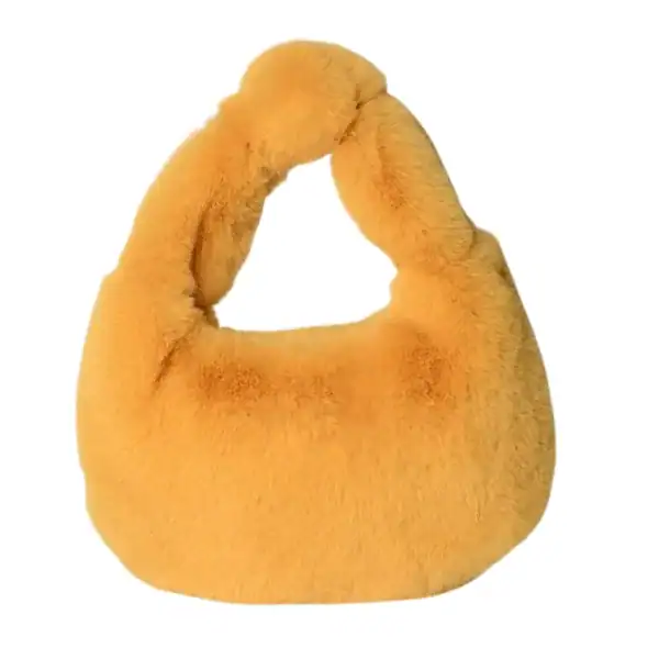 Grå fluffig hobo axelväska med mjuk pälsliknande yta och runt handtag.