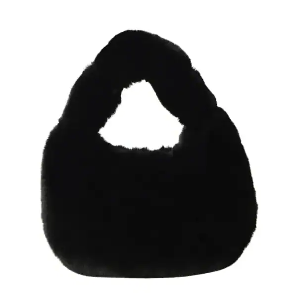 Grå fluffig hobo axelväska med runt handtag och mjuk pälsliknande yta.