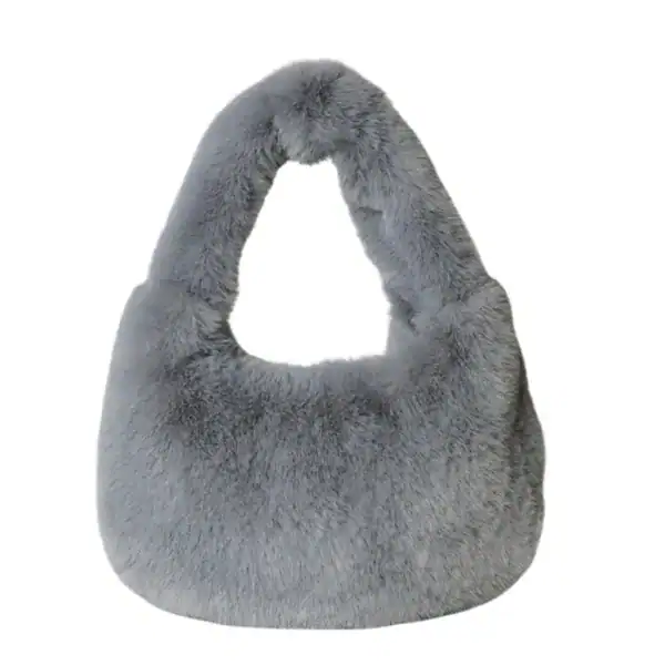 Grå fluffig hobo axelväska med mjuk pälsliknande yta och rund form.