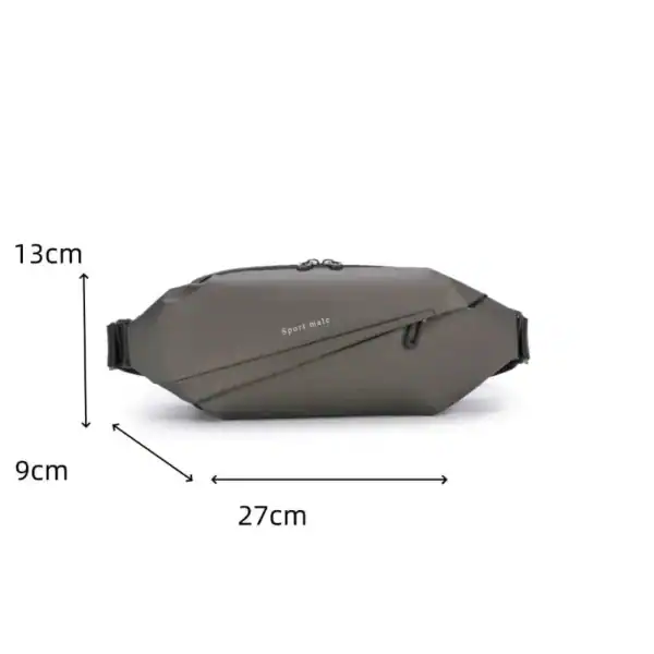 Grå midjeväska med mått 27x13x9 cm, sportig design för daglig användning.