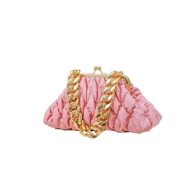 Gul clutch med kedja, rosa klämma axelväska, trendig handväska.