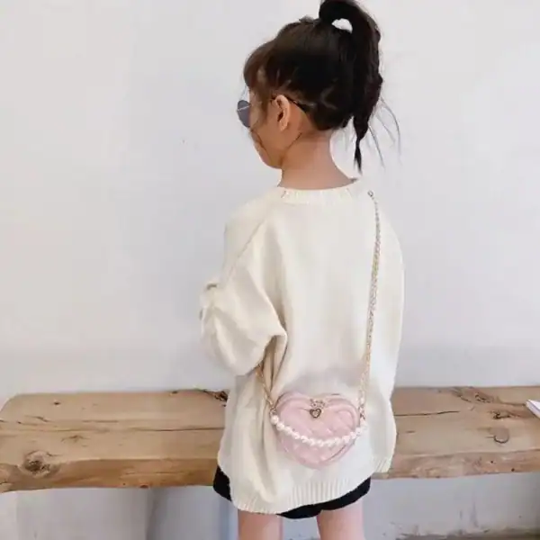 Liten gul hjärtväska för barn, rosa pärlor och kedja, modeaccessoarer.