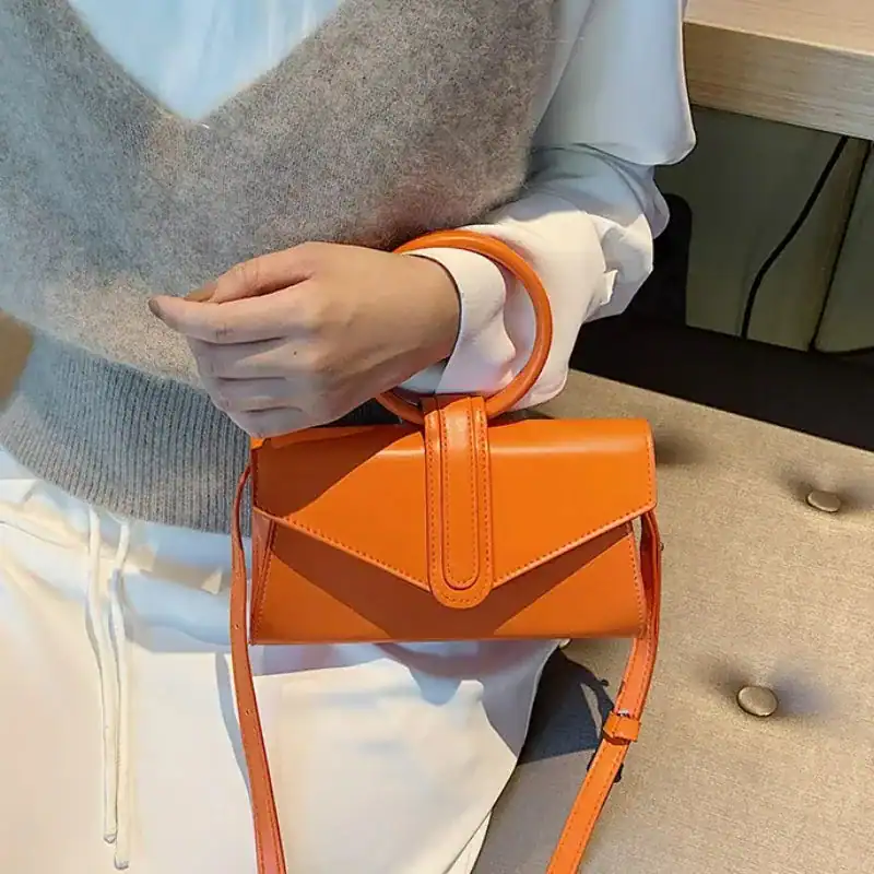 Gul axelväska med runt handtag och axelrem, modeväskor för kvinnor.