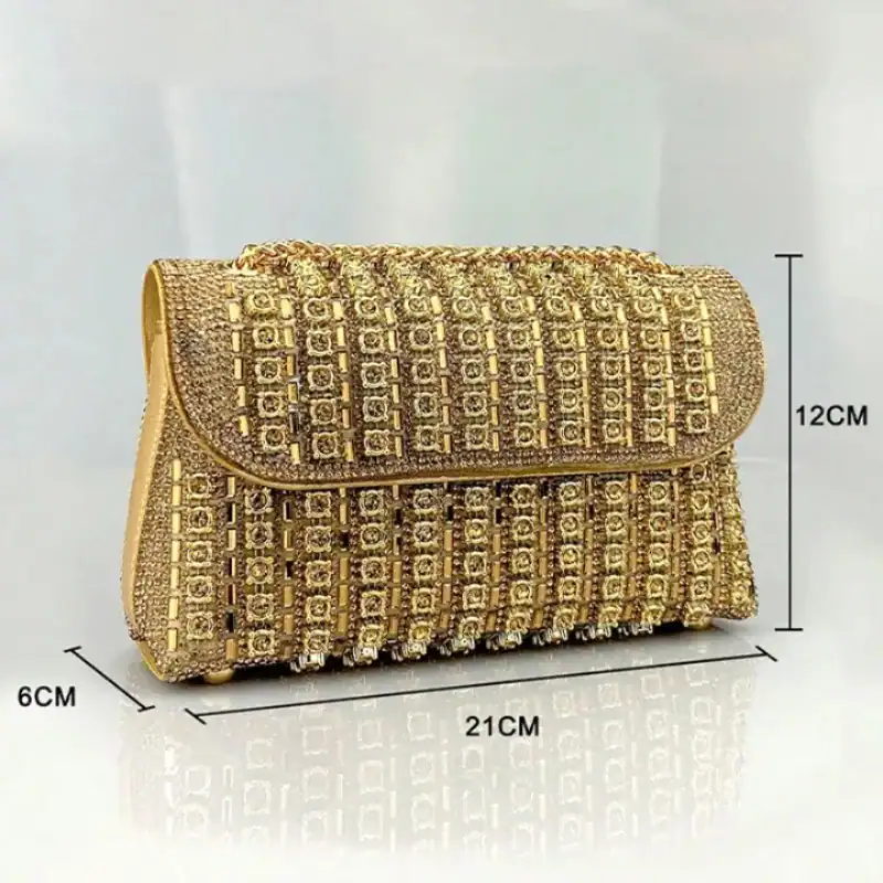 Guld kuvertväska med strass, eleganta brudgåva eller festväska, 21x12 cm.