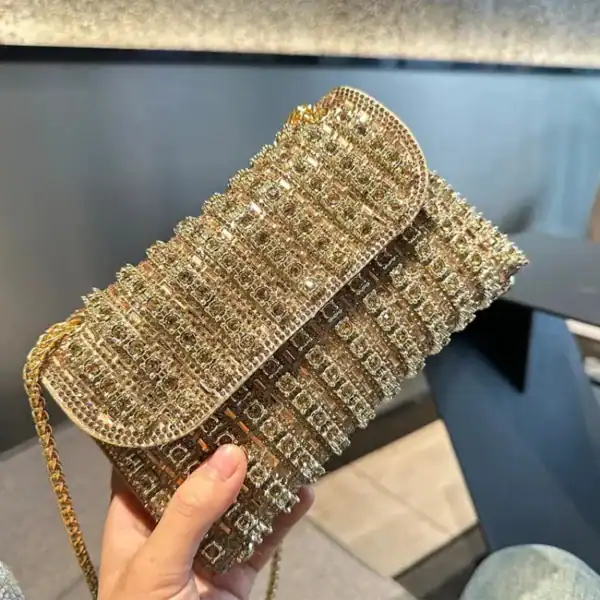 Guld kuvertväska med strass, eleganta klänningväska för fest, handväskor.