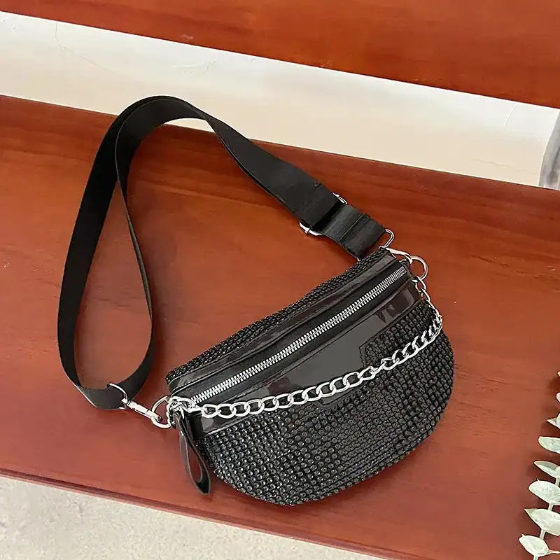 Guldig midjeväska med strass, svart, modeaccessoarer, trendig axelväska.