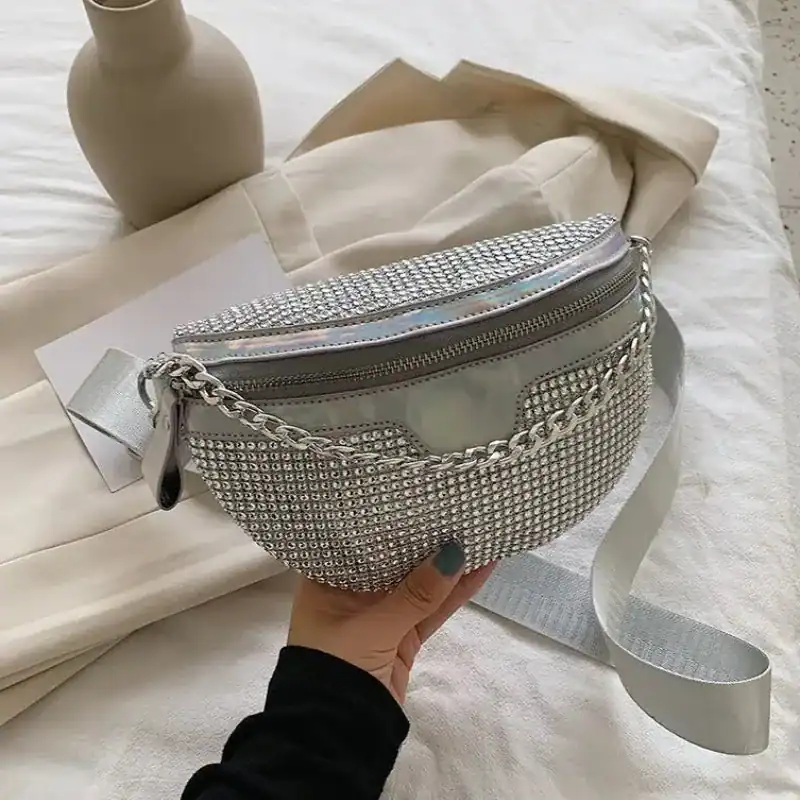 Guldig midjeväska med strass, silverfärgad, glittrande axelväska för kvinnor.