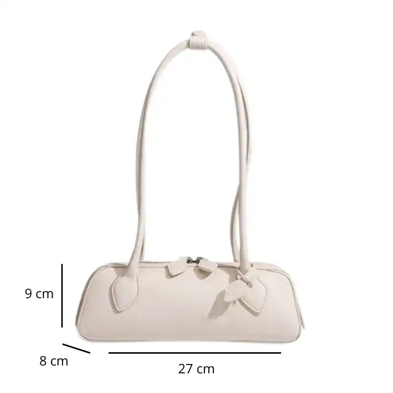 Krämvit handväska med mått, elegant axelväska för kvinnor.