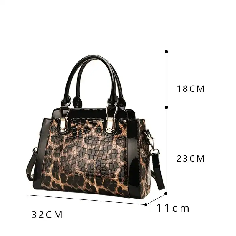 Leopard mönster handväska dam, svart och brunt, med mått 32x23x18 cm.