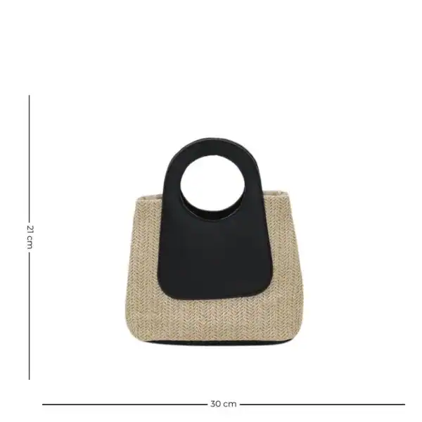 Liten svart korgväska med runt handtag, ideal för sommar och strand.