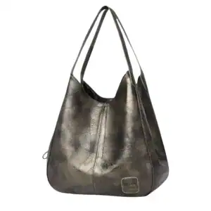 Metallic hobo väska i grått med långt handtag och läderliknande textur.
