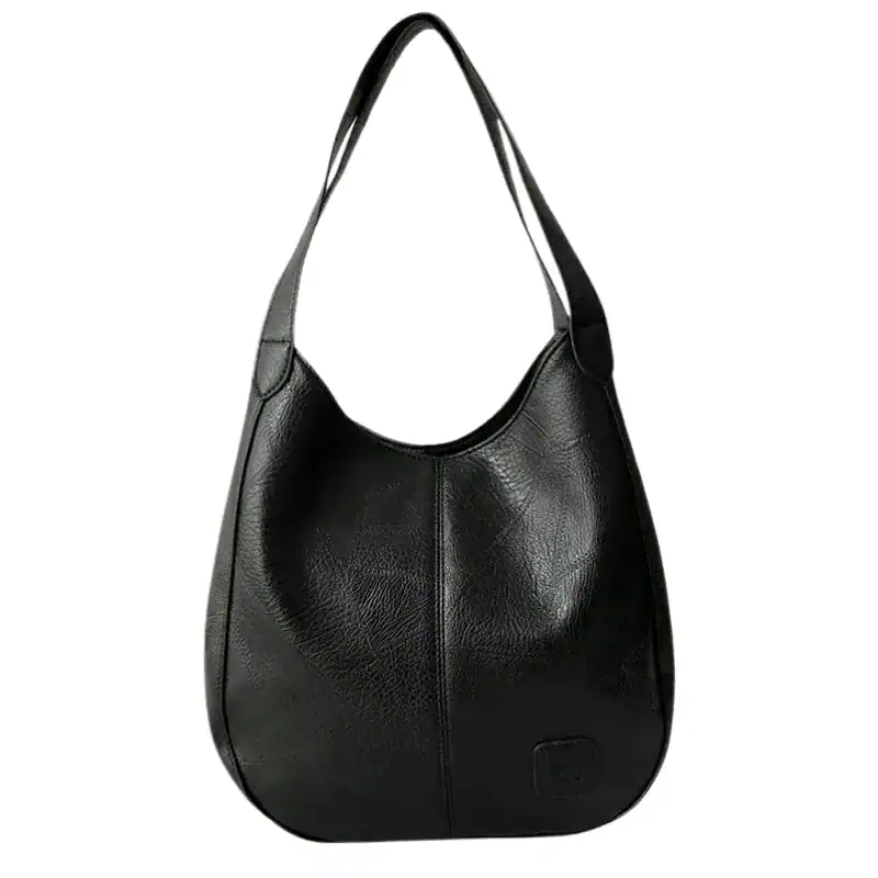 Metallic hobo väska i svart läder med enkel axelrem.