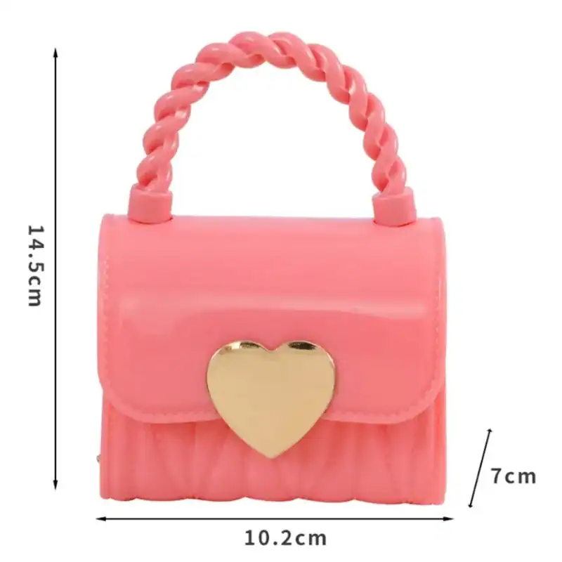 Mintgrön barnväska med hjärta, rosa handväska för barn, lekvara, 14,5 cm hög.
