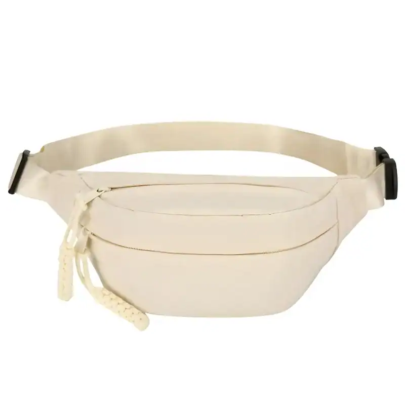 Orange nylon midjeväska, beige fanny pack med dragkedja och justerbar rem.